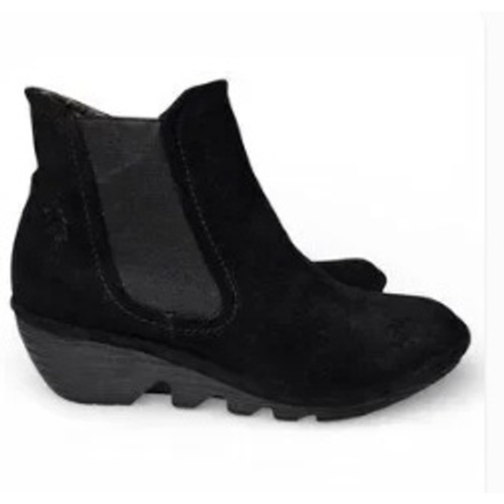 Fly London Black Suede Wedge 41 Phil Chelsea Ankle Boots P500426032 Womens 36